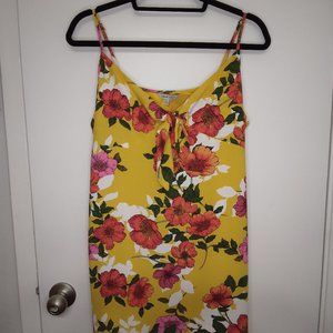 NWT Naked Zebra Yellow Red Floral Sleeveless Front Tie Ruffle Mini Dress Size L